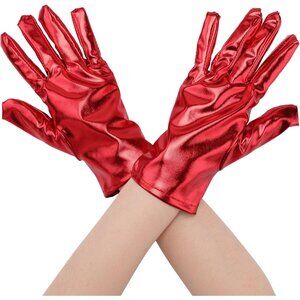 Women's Dark Red Shimmer Metallic Shiny Full Finger Short Gloves Party Costume